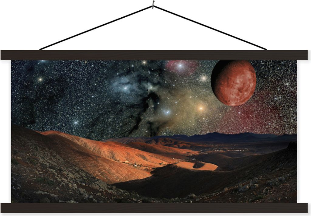 MuchoWow Textilposter Eine Illustration einer Planetenoberfläche mit Sternen und Planeten 60x30 cm mit schwarzem Rahmen - Textilien