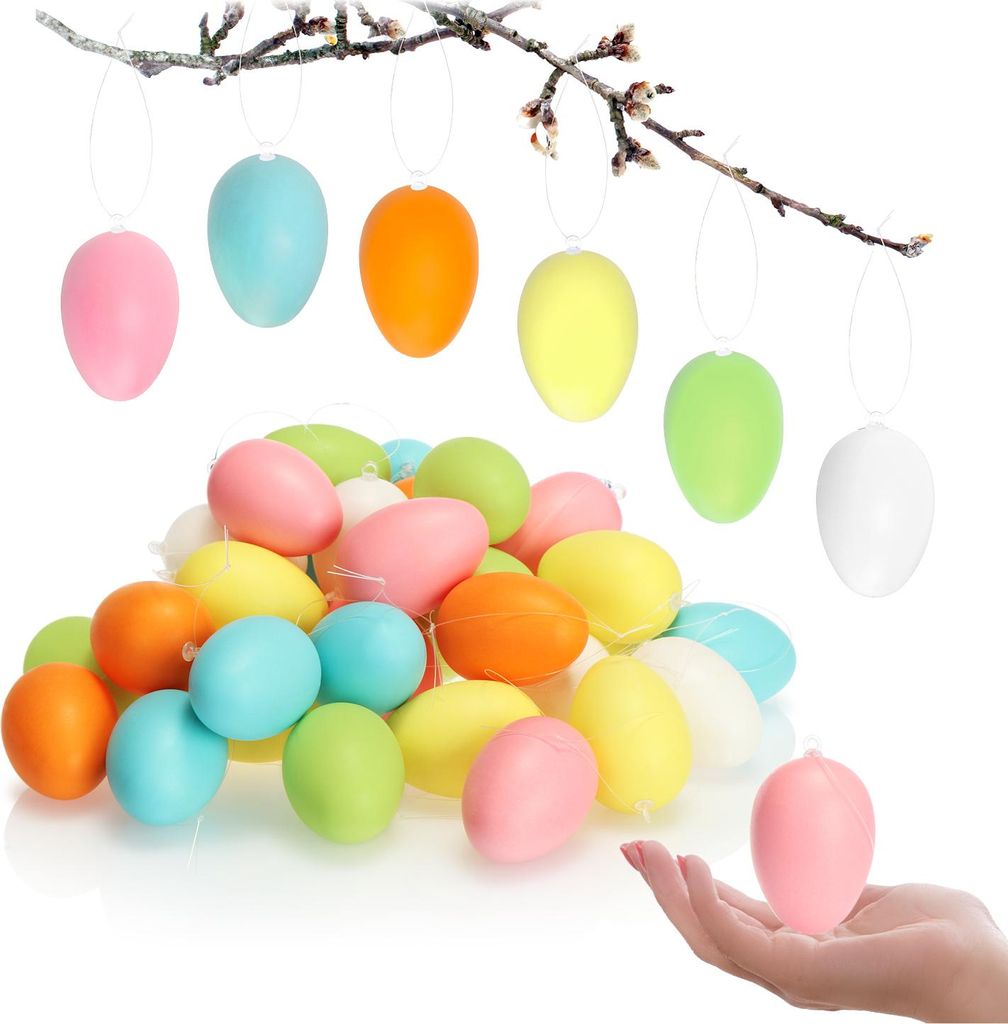 COM-FOUR 36x Ostereier zum Aufhängen - Osterdeko in schönen Pastellfarben - Deko Ostereier - Größe: 6 cm