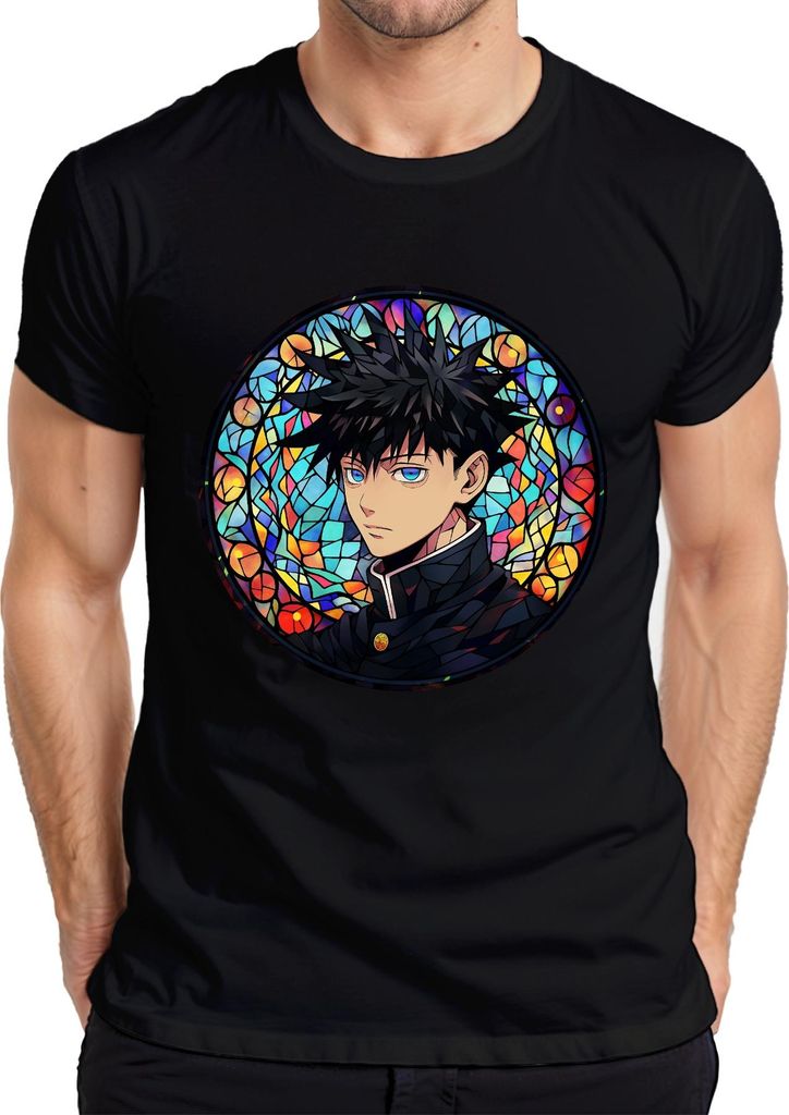 Anime Junge Blaue Augen Schwarze Haare Buntglas Fenster Mystisch Herren T-Shirt, Schwarz, XXL