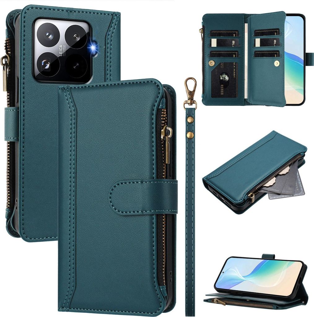 Handyhülle für Xiaomi 15T Pro Reißverschluss Geldbörse Kunstleder Klapphülle mit Kartensteckplatz, Ständer, Handschlaufe Grün