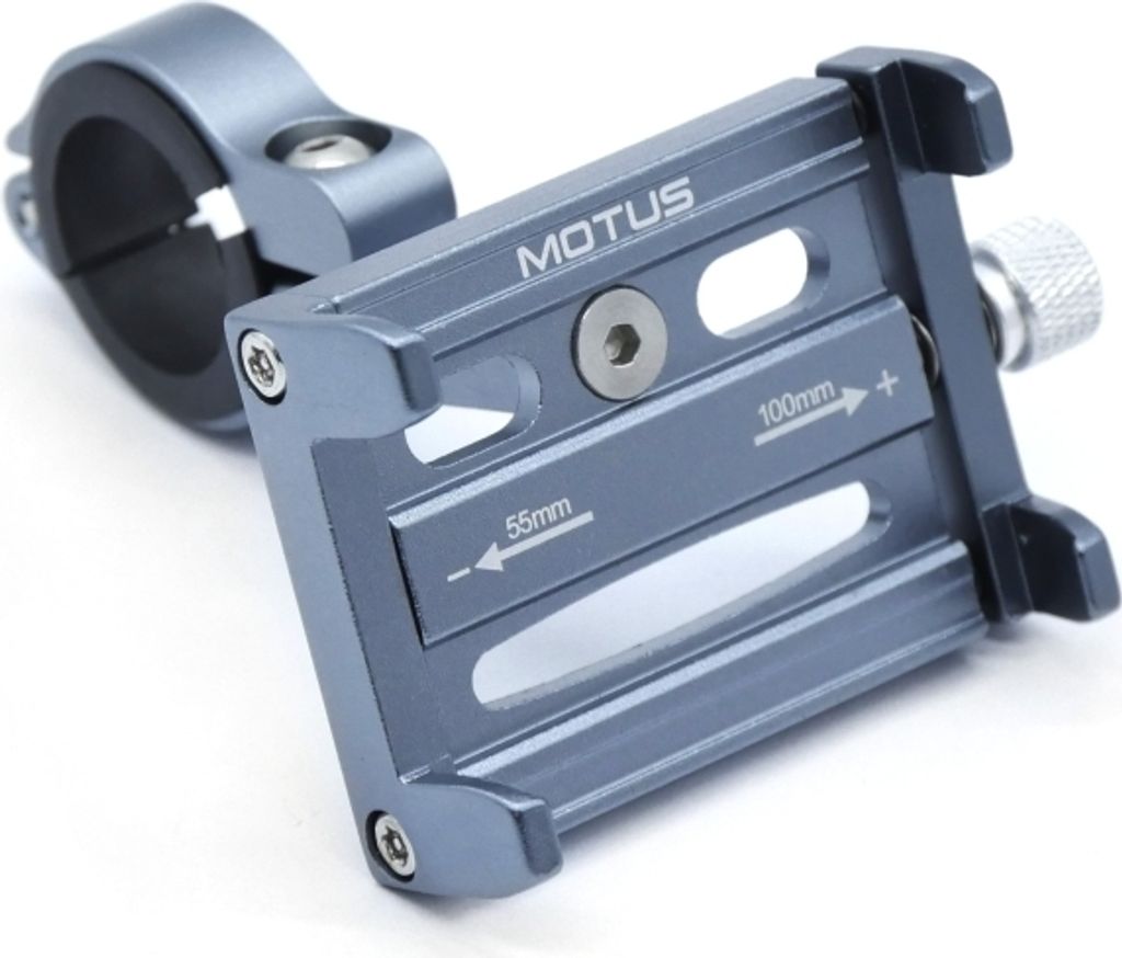A close-up shot of a gray aluminum phone mount for bicycles and scooters.