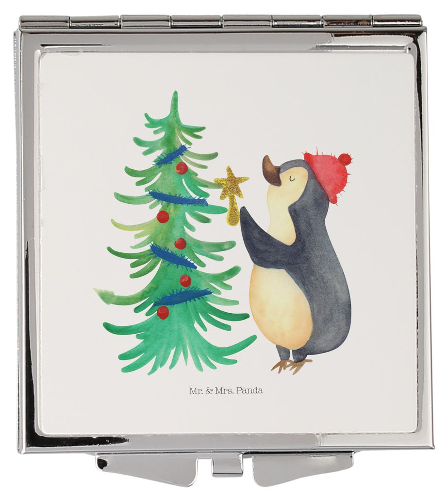 Mr. & Mrs. Panda Schminkspiegel Pinguin Weihnachtsbaum - Weiß - Geschenk, Weihnachten, Winter, Kleiner Spiegel, Handspiegel, Klappbarer, Mini, Kos...