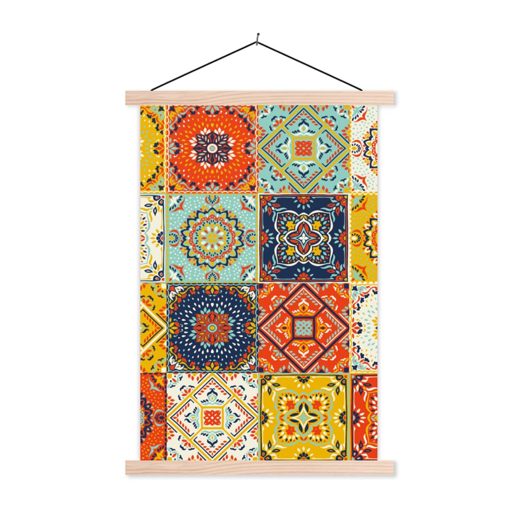 MuchoWow Textilposter Vintage - Blumen - Muster - Weiß - Orange 120x180 cm mit holzfarbenen Rahmen - Textil-Plakat