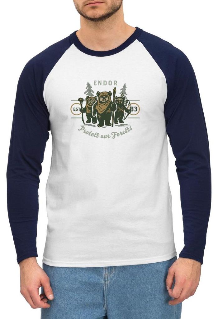 Star Wars Endor Protect Our Forests Baseball Langarmshirt Herren, 3XL, Weiß/Navy
