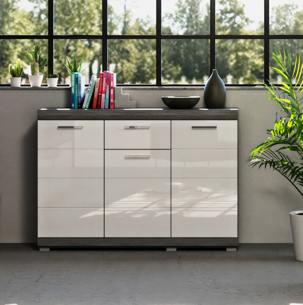Sideboard "Shawn" weiß Hochglanz und Rauchsilber grau Kommode 120 x 85 cm