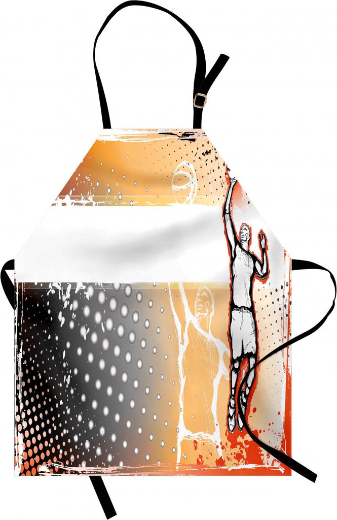 ABAKUHAUS Basketball Kochschürze, Basketball-Spieler Mitten in Spiel punktierte Hintergrund-Gekritzel-Art-Kunst, Farbfest Höhenverstellbar Waschb...