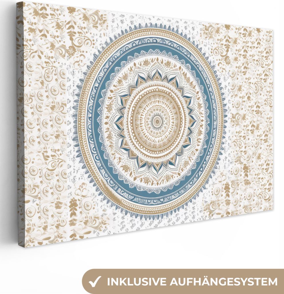 OneMillionCanvasses - Leinwandbilder - 150x100 cm, Mandala - Blau - Bohème - Weiß - Design, Wandbilder Kunstdruck Wanddekoration - Foto auf Lei...