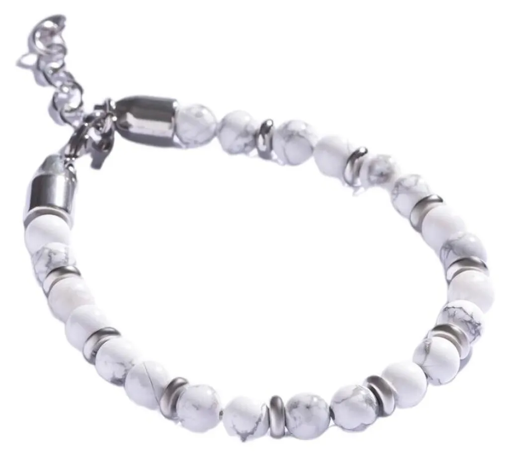 Bracelet homme en perles de pierre howlite blanche et grise véritable