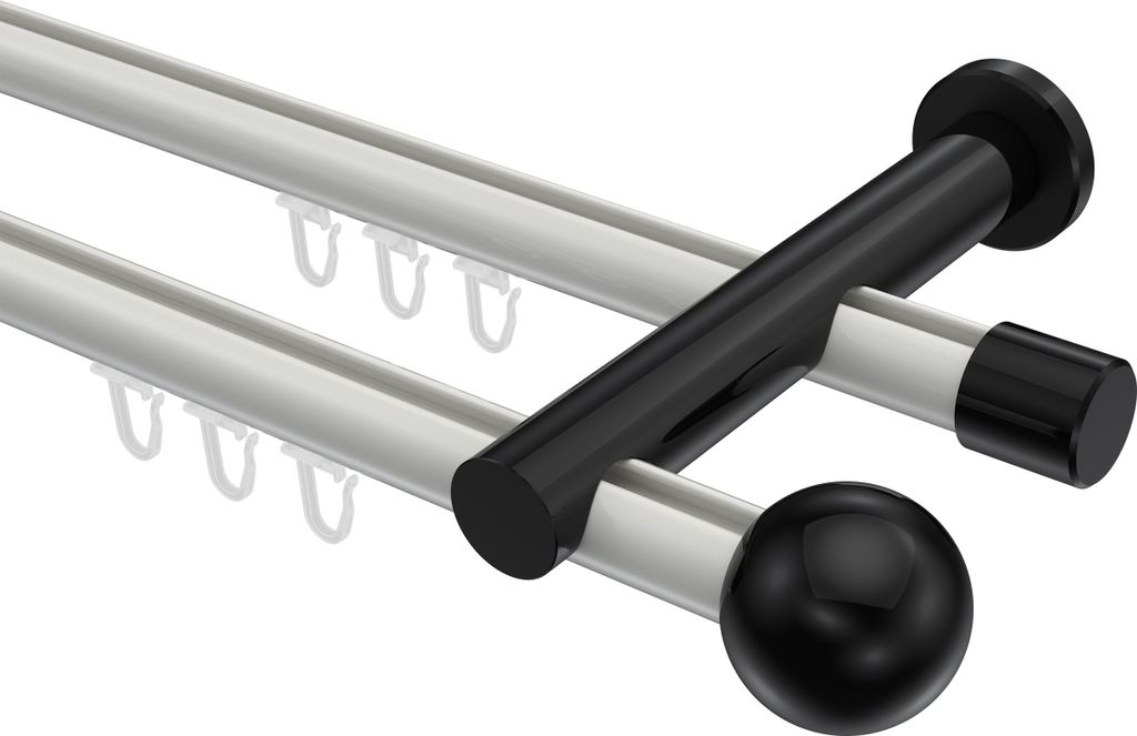 Interdeco Innenlaufstange / Gardinenstange mit Innenlauf Weiß / Schwarz, Typ Platon Luino (Kugel), 20 mm Ø 2-läufig, 280 cm