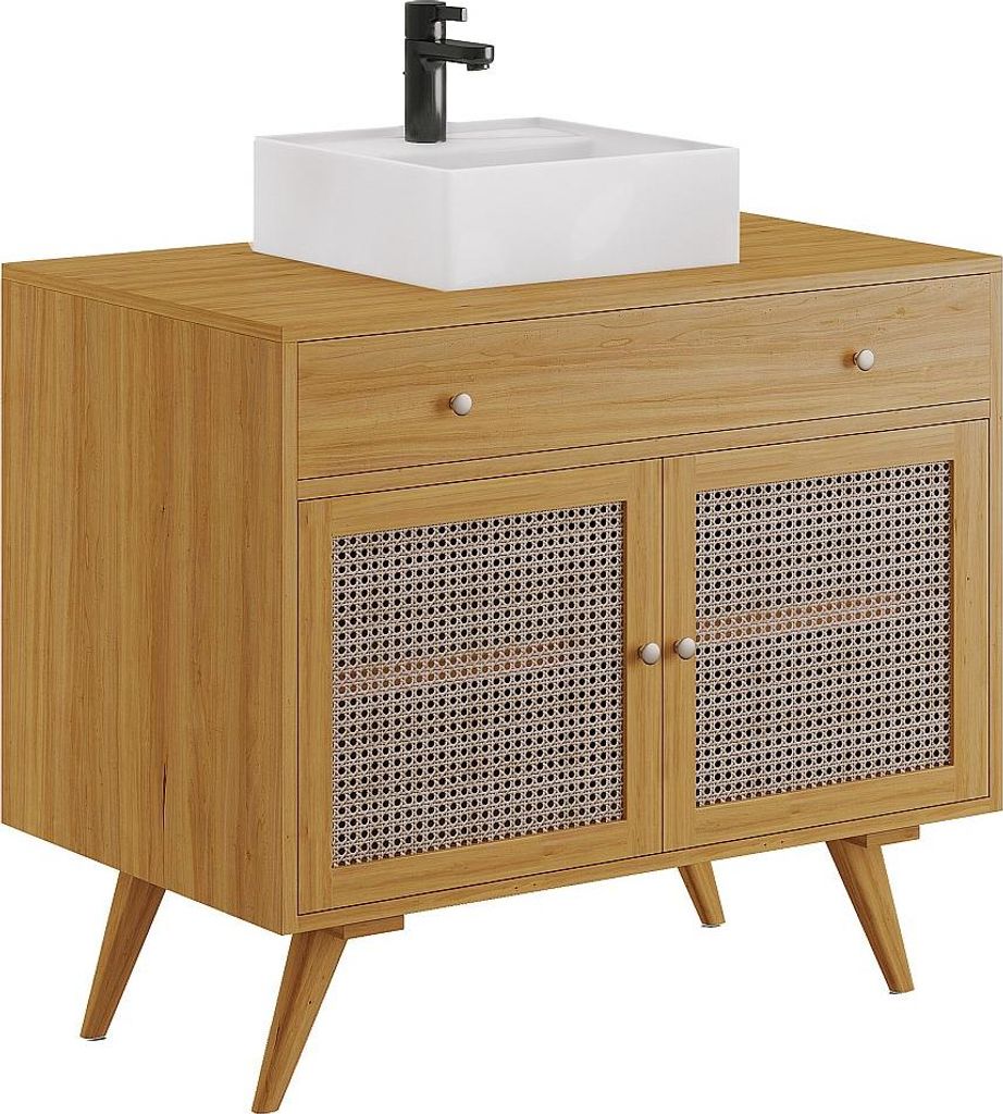 Badezimmerschrank aus hellem Teakholz mit geflochtenem Waschbecken und Keramik - 90 cm - MANSULAN