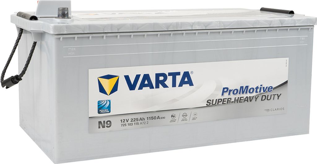 A VARTA Promotive Super-Heavy Duty N9 LKW battery is shown in a studio shot against a white background.