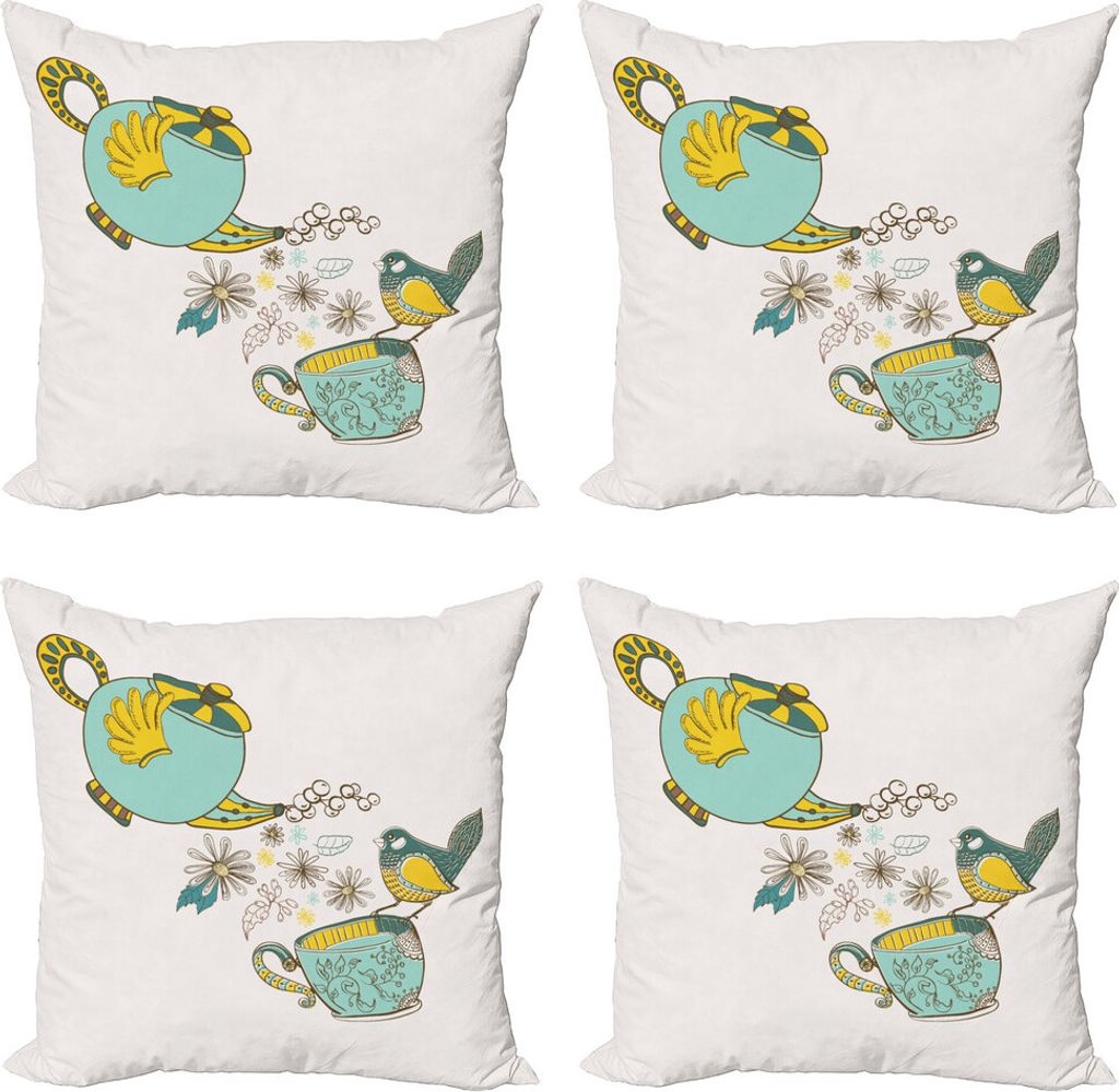 ABAKUHAUS Tee Kissenbezug Set (4 Stück), Vogel-Blumen-Winged-Topf-Kunst, Moderner Doppelseitiger Digitaldruck, 50 cm x 50 cm, Teal Pale Blau Gelb