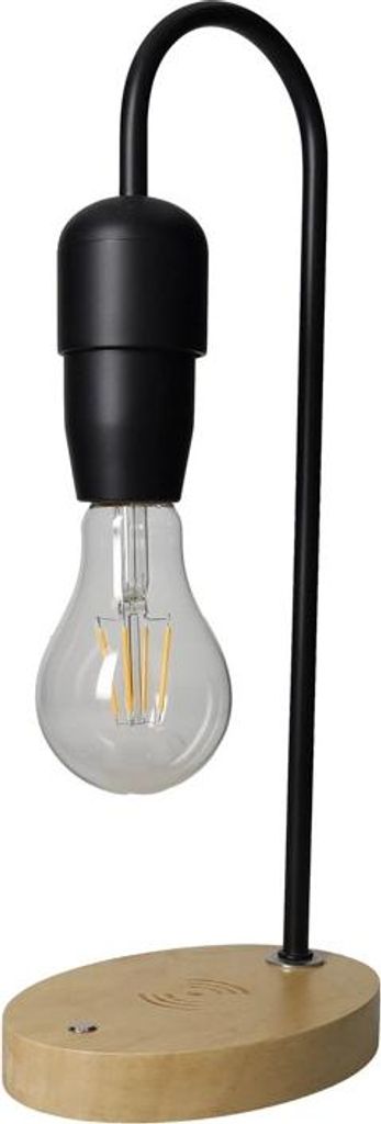 Schwarze Metalllampe „Detach & Go“ mit Holzsockel zum Aufladen von Smartphones