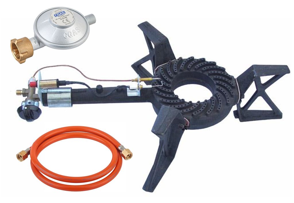 Gas-Hockerkocher Profi 10,5 KW 3-Fuß Hockerkocher 18 cm Gussbrenner mit Zündsicherung und Piezozünder inkl. Schlauch u. Regler