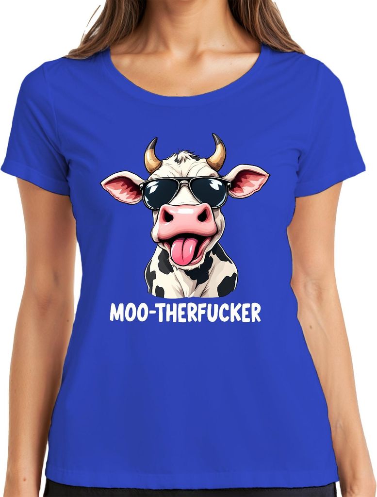 MOO-THERFUCKER lustige Kuh Sonnenbrille Cartoon Bauer Geschenk Damen T-Shirt, Blau, XL