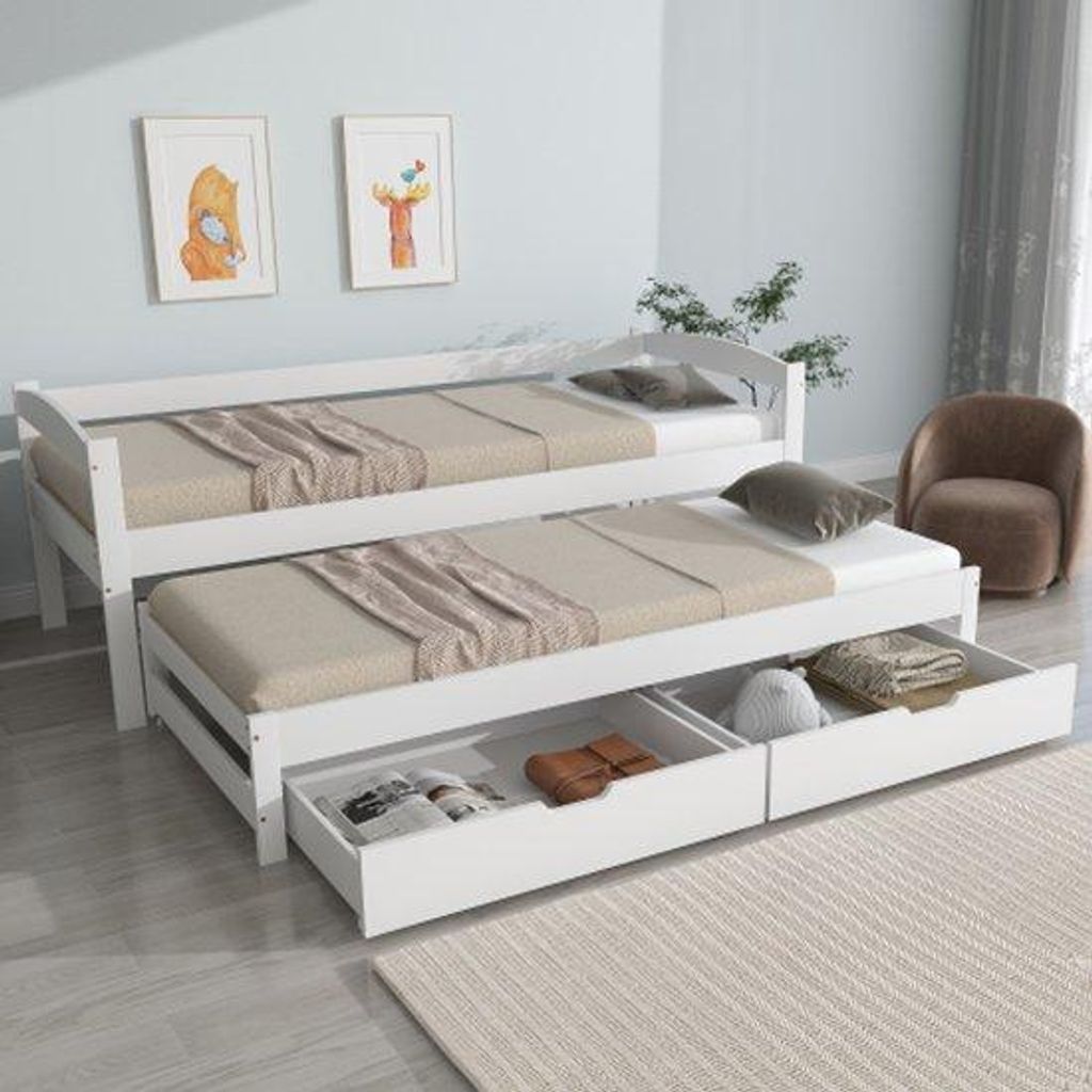 Doppelbett, einfaches und doppeltes Bett, ausklappbares Bett mit Rollen, 2 MDF-Liegeflächen, massiver Holzrahmen, weiß (200x90cm/190x90cm)