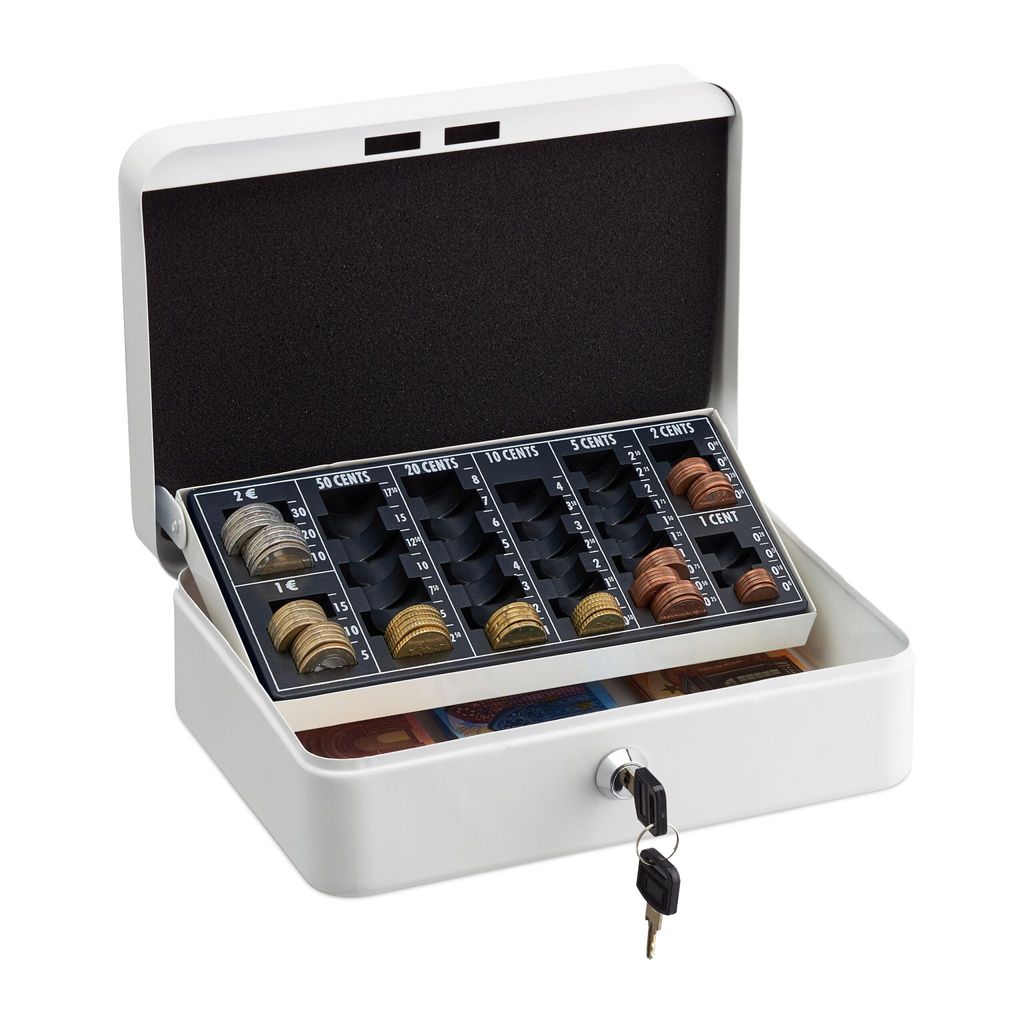 A white cash box with a coin tray and keys.