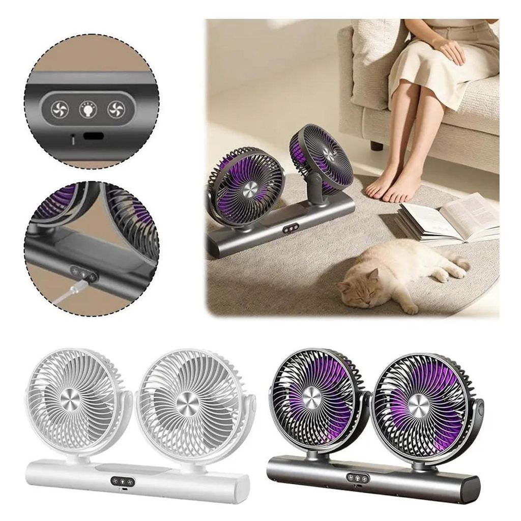 3-in-1 Akku Doppel-Kopf Ventilator mit Nachtlicht, 3000mAh, Produktbild 