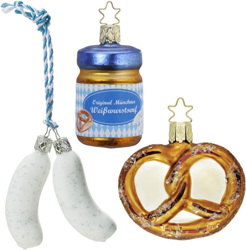 Christbaumschmuck Set Weißwurst, Senf, Brezel Glas 7,5 cm Produktbild 