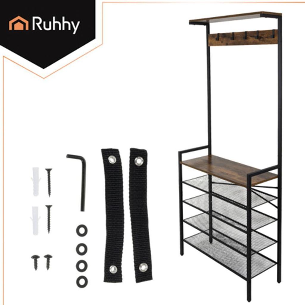 Regal mit Kleiderhaken – Metall-Loft-Organizer für den Flur mit 4 Regalböden und Haken