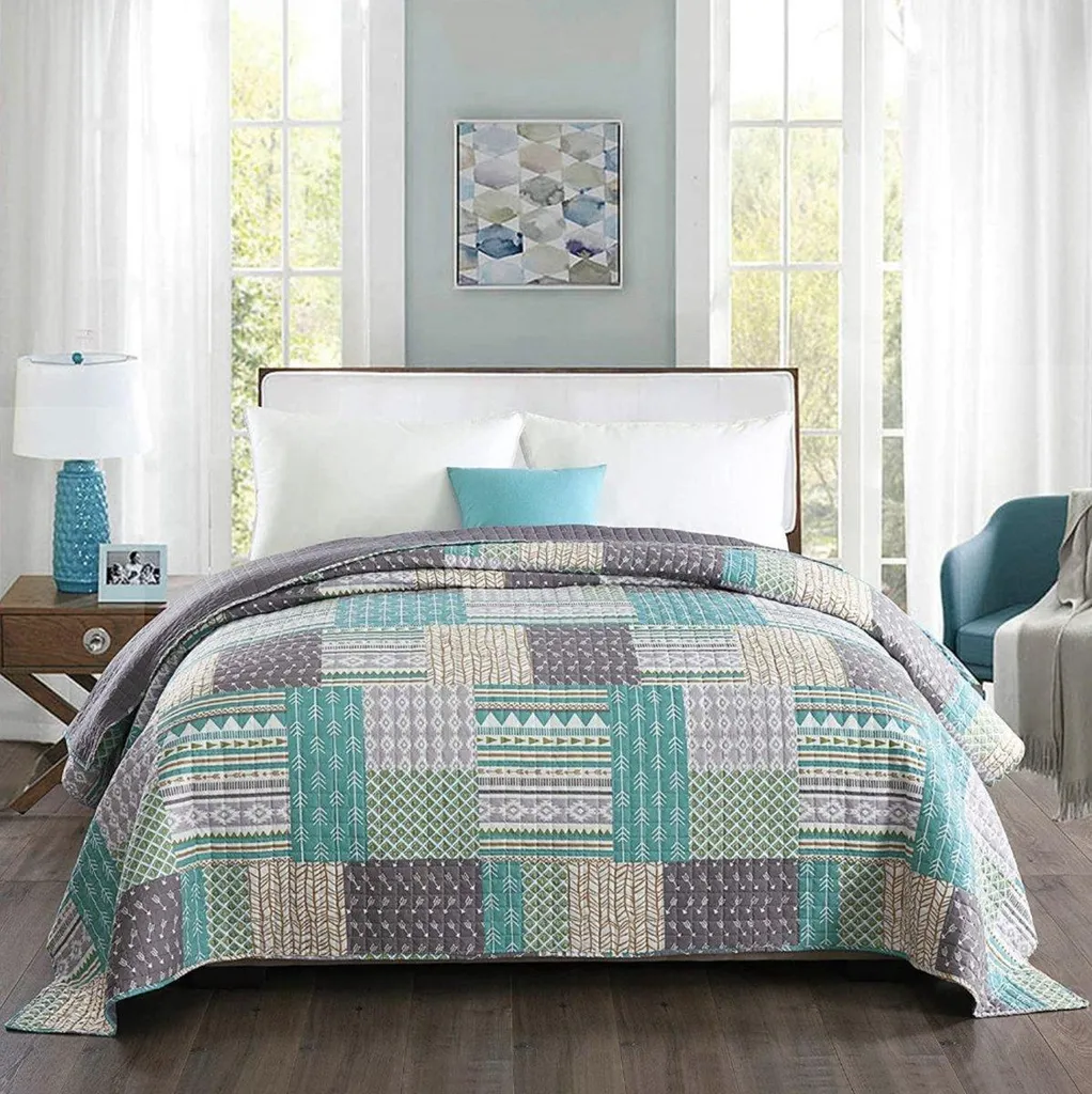 Couvre-lit Bolt Edge Gris et Vert en Polyester pour Lit Double 150x200cm