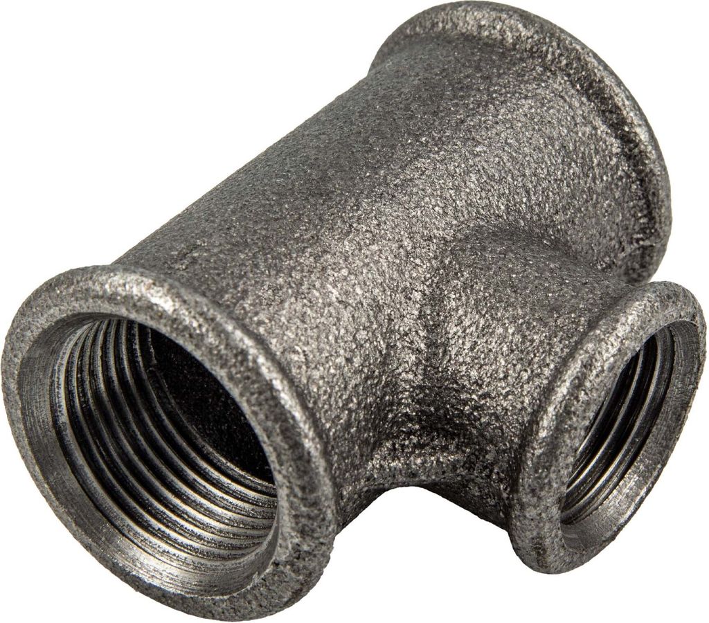 Temperguss-Gewindefitting schwarz T-Stück reduziert, allseitig IG 1 1/2 x 1/2 x 1 1/2 Zoll, Typ 130, DVGW