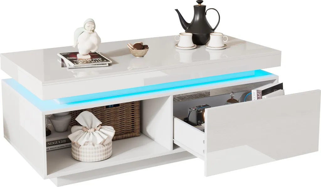 Sweiko Tavolino moderno lucido con illuminazione a LED, 100x50x40,3 cm - Elegante tavolino con cassetto e portata di 50 kg - 8