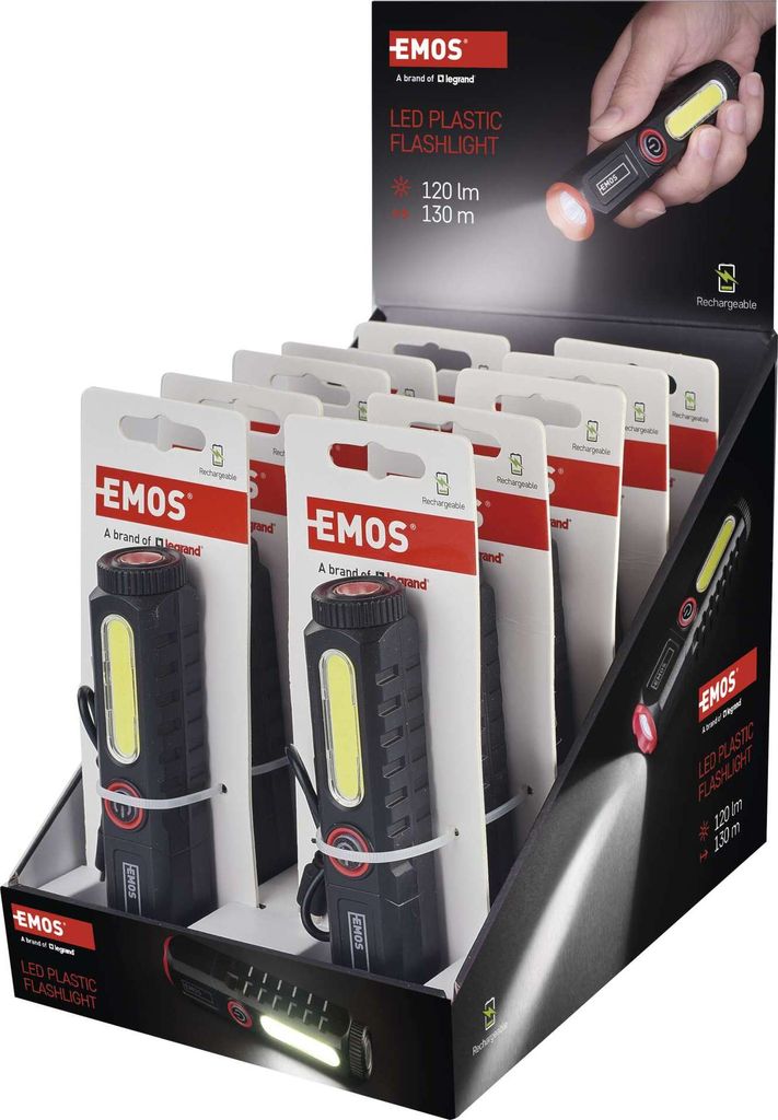 EMOS aufladbare LED Taschenlampe mit Magnet und Klipp, Family-Pack 10 Stück, 2 Lichtquellen, 120lm, 130m Reichweite - 400mAh Akku mit USB Kabel, P...
