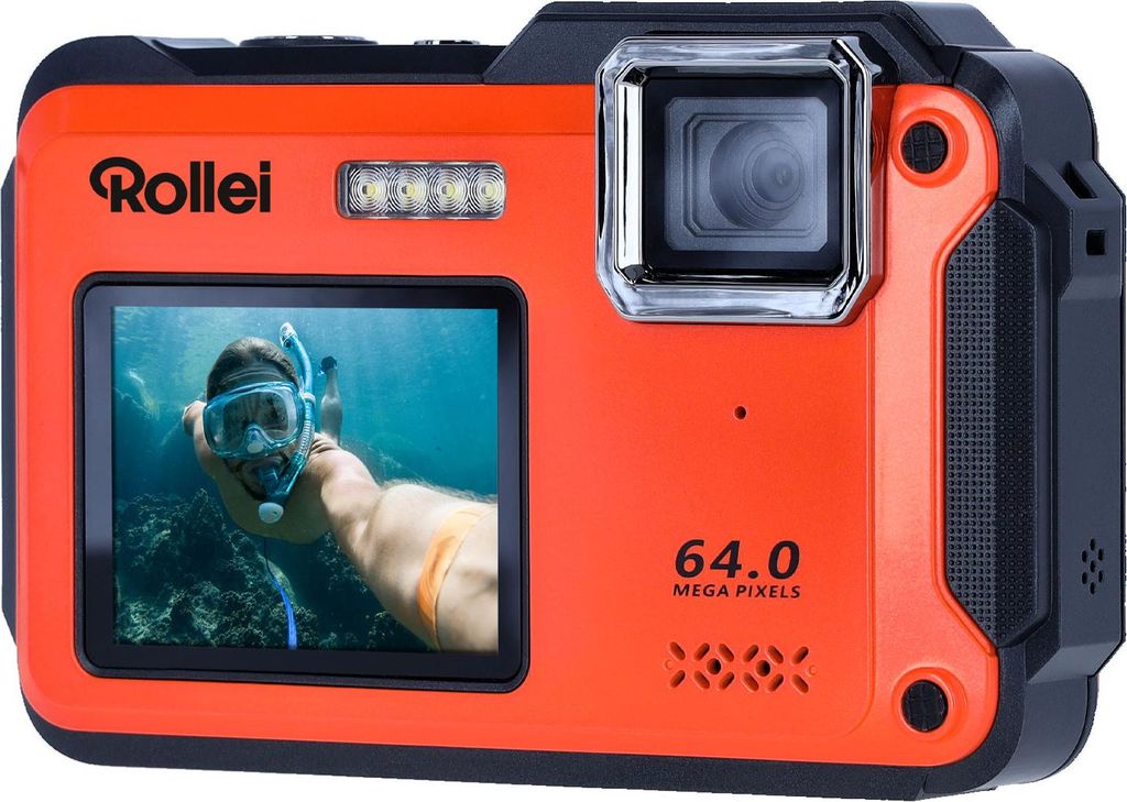 A Rollei Sportsline 64 Selfie digikamera is shown with a screen displaying a person snorkeling underwater.