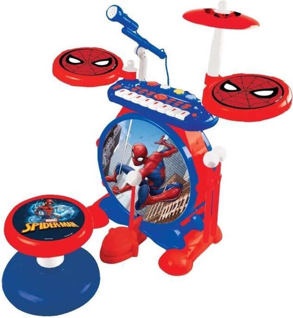 Elektronisches Kinder Schlagzeug Spider-Man, Leuchtend, 8 Tasten Keyboard, Hocker, Mikrofon, Aufnahmefunktion, MP3 Player