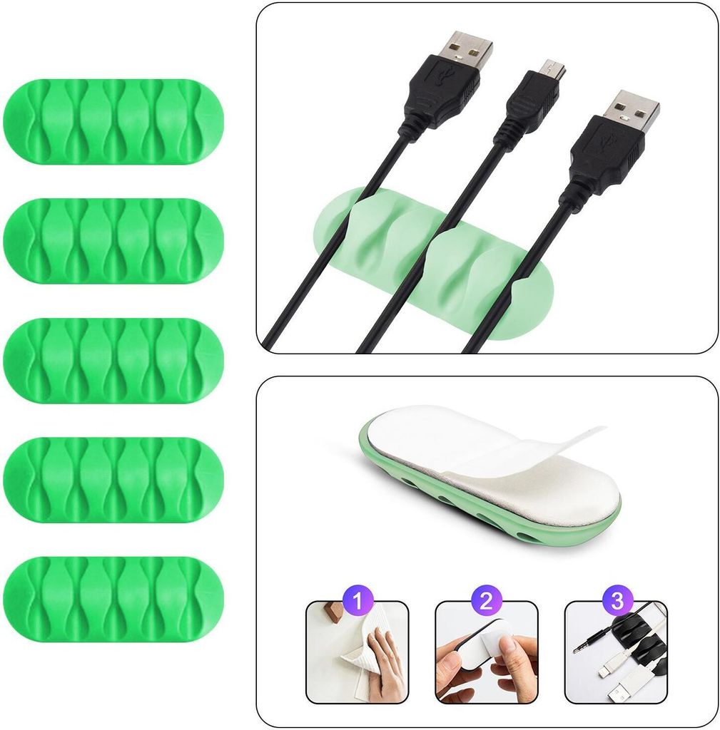 Kabel Organizer Kabelmanager 5-fach Kabelhalter Klemme Clip selbstklebend Schreibtisch Büro Farbe: Grün Menge: 5 Stück