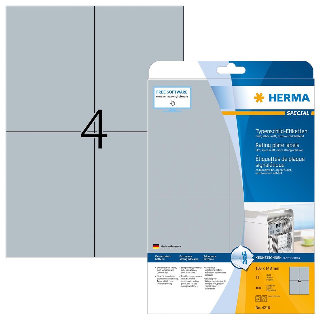 HERMA Typenschild Etiketten SPECIAL 105 x 148 mm silber 100 Etiketten