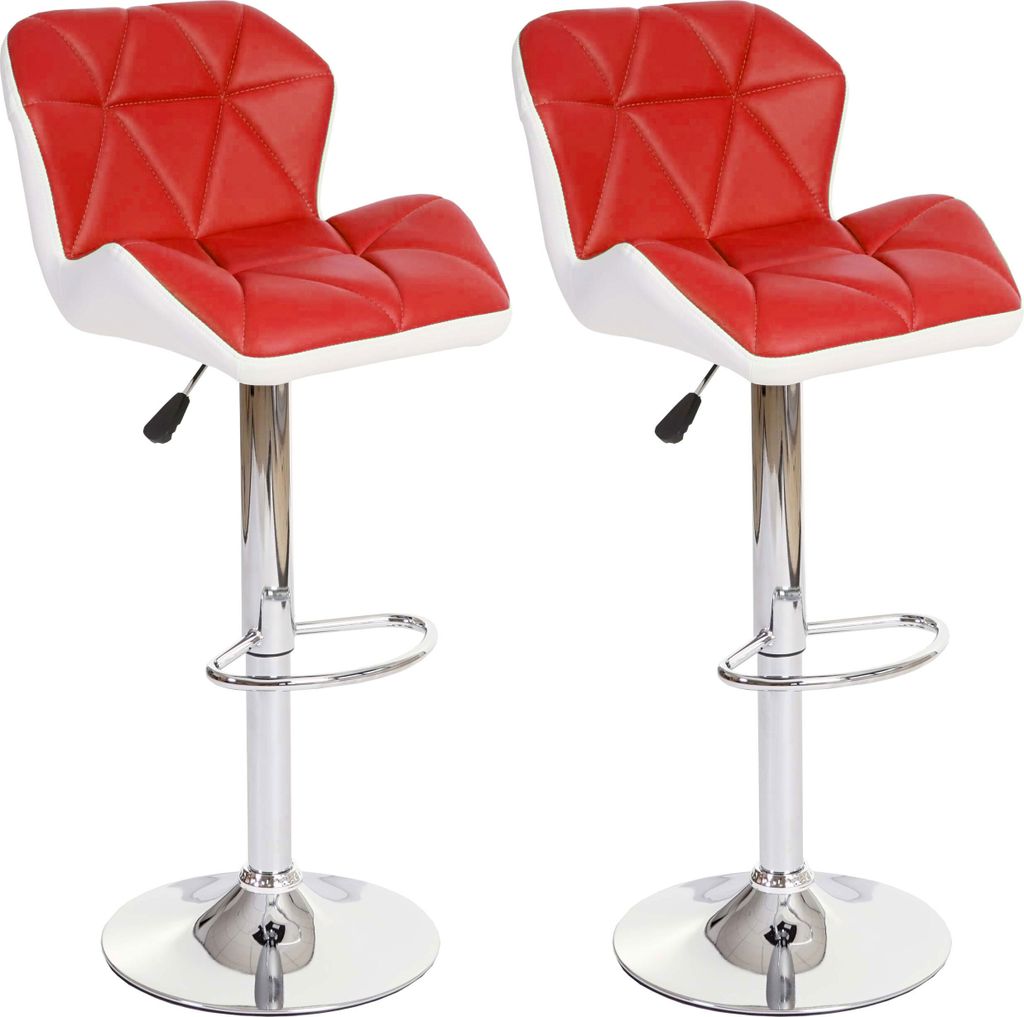 Two red and white bar stools with chrome bases and adjustable height.