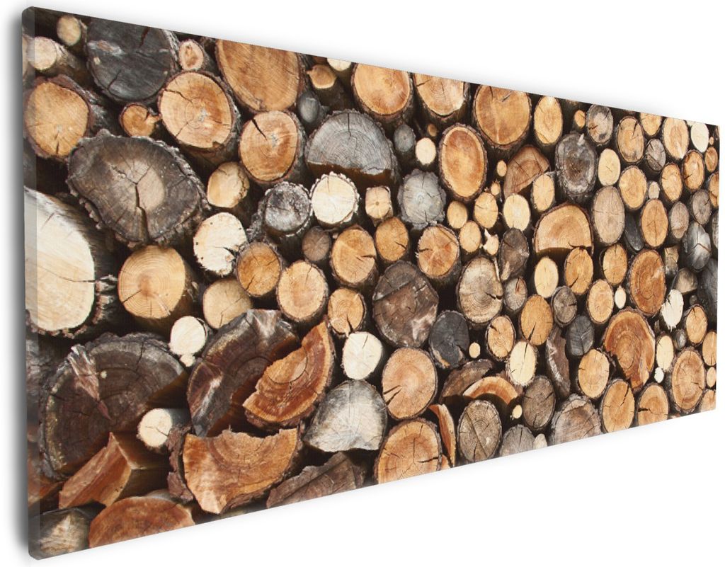 Wallario Premium Leinwandbild Dunkler Holzstapel rund in Größe 30 x 75 cm