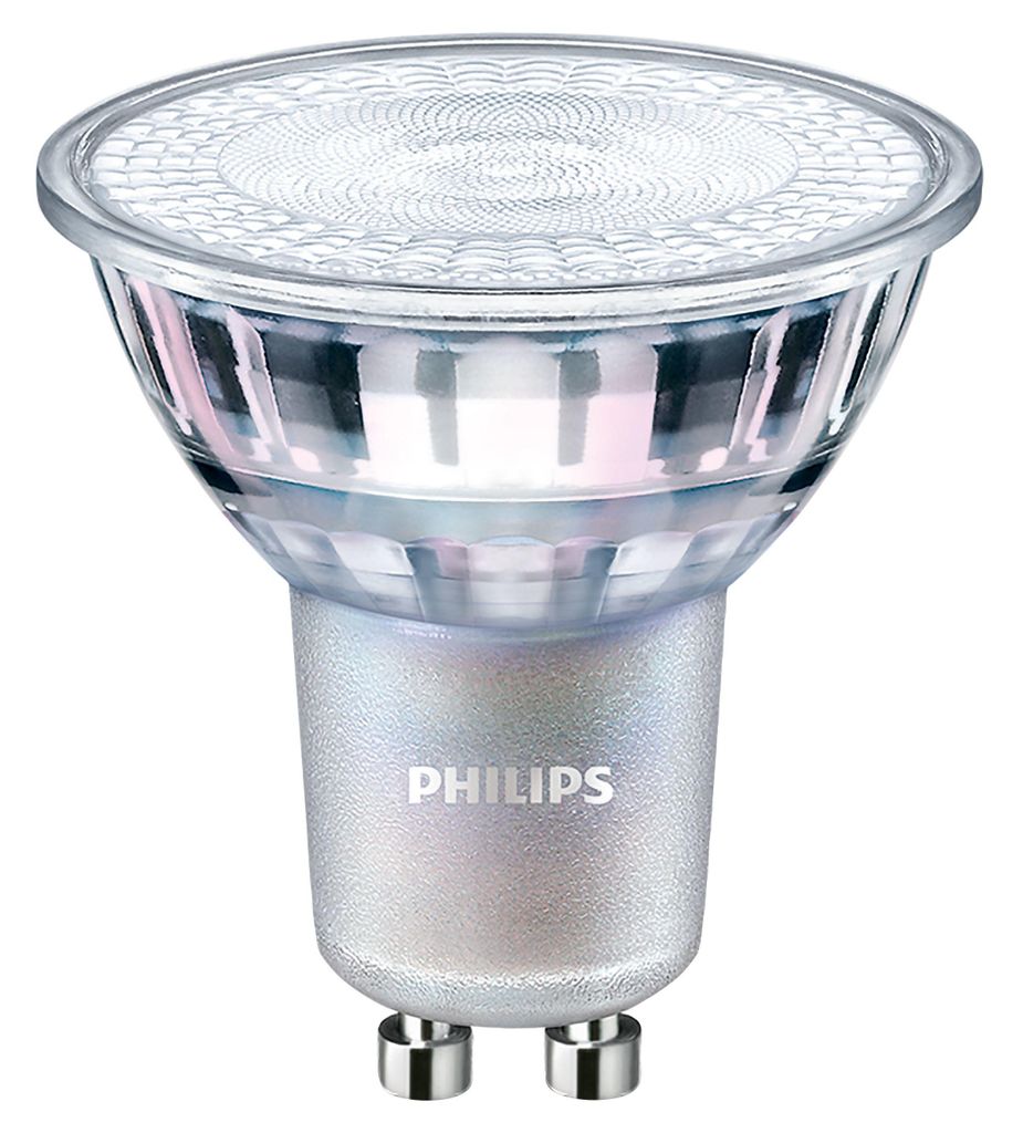 A studio shot of a Philips LED spotlight bulb against a white background.