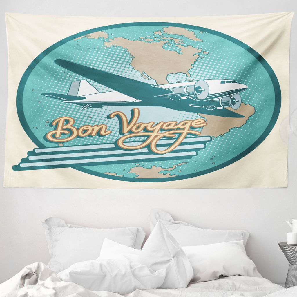 ABAKUHAUS Flughafen Wandteppich, Bon Voyage und Retro-Flugzeug aus Weiches Mikrofaser Stoff Waschbar ohne Verblassen Digitaldruck, 230 x 140 cm, El...