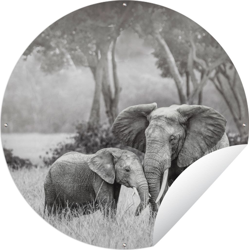 MuchoWow Gartenposter Outdoor-Poster Rund Elefantenbaby mit seiner Mutter in schwarz-weiß Ø 90 cm Gartendeko Rundes Poster draußen