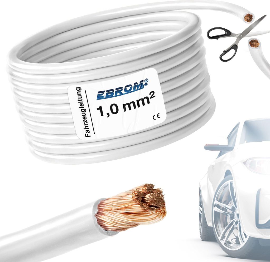 25 Meter EBROM FLRY 1,0mm2 Fahrzeugleitung - KFZ Leitung - Farbe: weiß (weiss) - Querschnitt 1,0 mm² (mm2) flexibel 90 ± 5 Shore 99,99% Kupfer M...