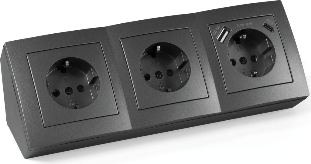 A black power strip with three outlets and two USB ports.