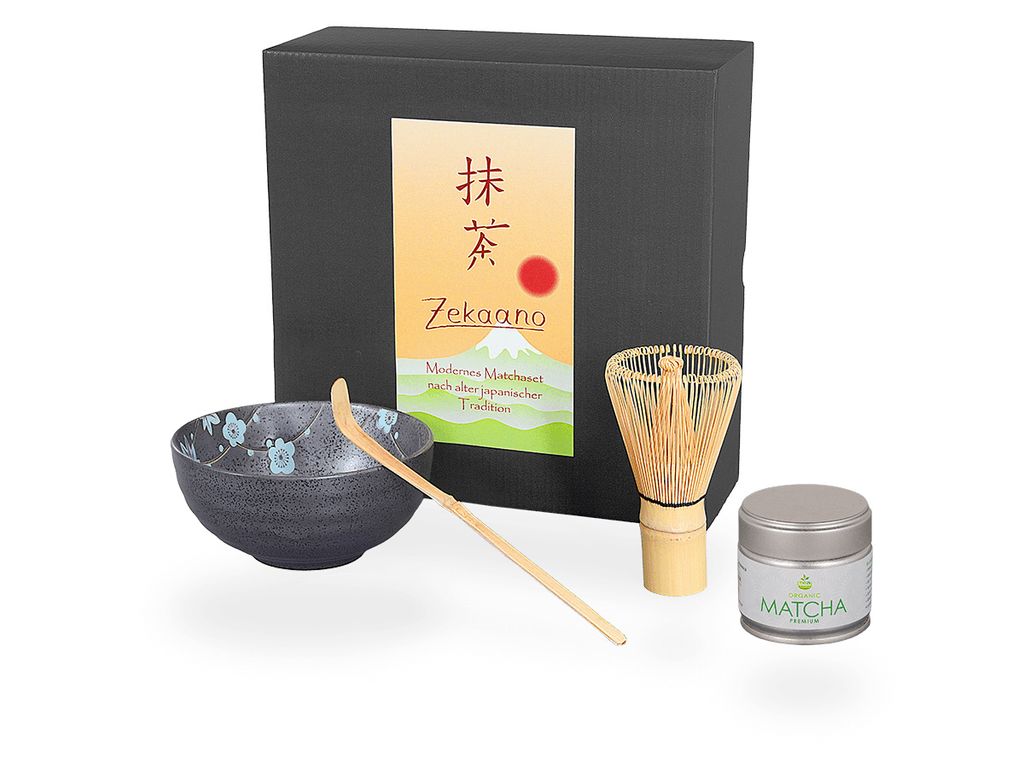 Matcha Set / Matchaset / Matcha Schale 250ml, anthrazit/blau, mit Besen/Löffel/Tee in Geschenkbox