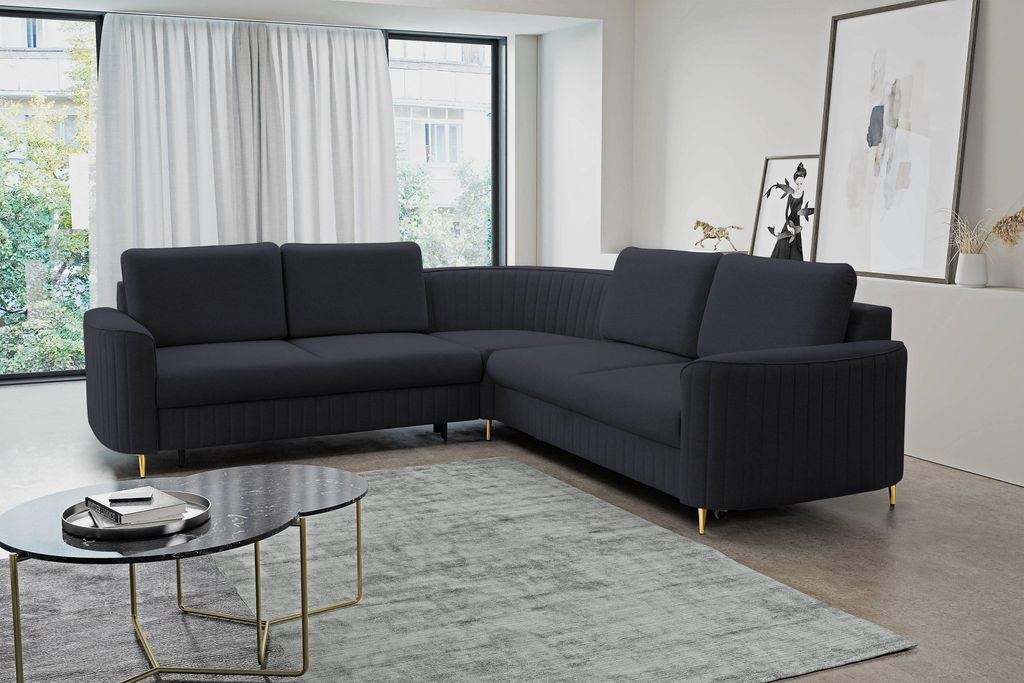 Masseno Ecksofa VELA R-S mit Schlaffunktion L-Form, Sofa mit Bettkasten, Wohnzimmersofa, Couch, Soffa, Bettsofa, Couchgarnitur- Dunkelblau, CASTEL 79