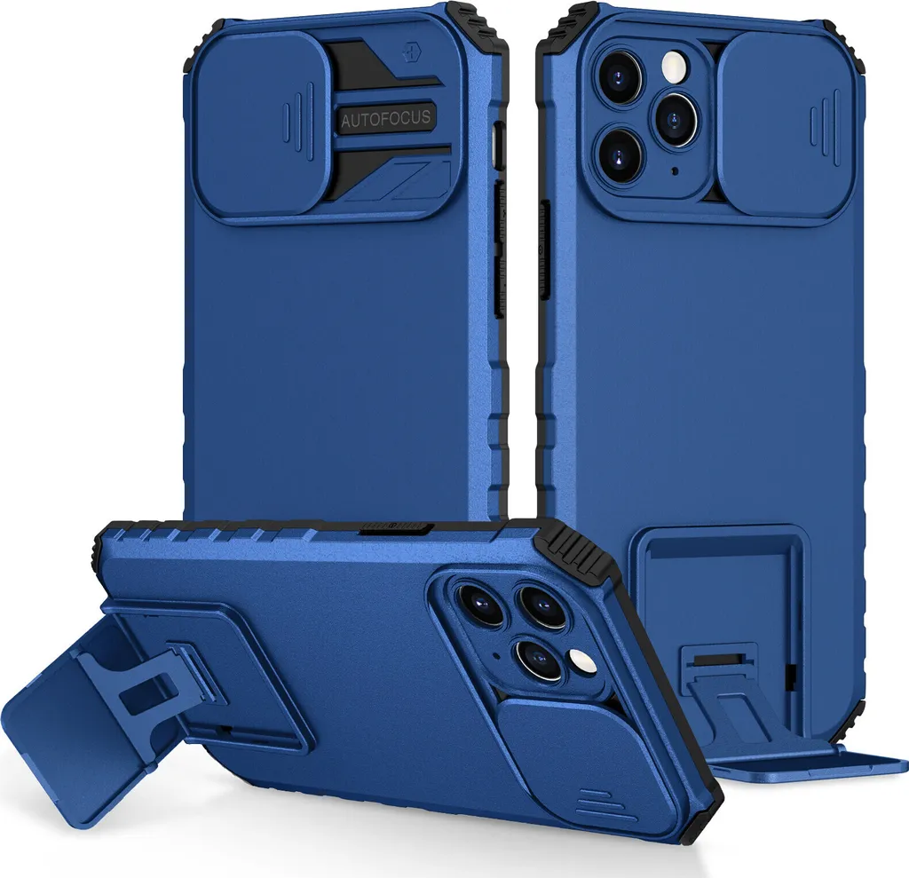 Custodia per iPhone 11 Pro Max a doppio strato robusta, protezione militare con supporto e protezione fotocamera scorrevole blu