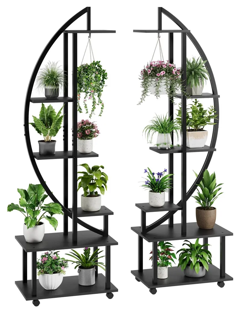 Porte-plante 6 niveaux pour salon et balcon noir forme demi-lune mobile
