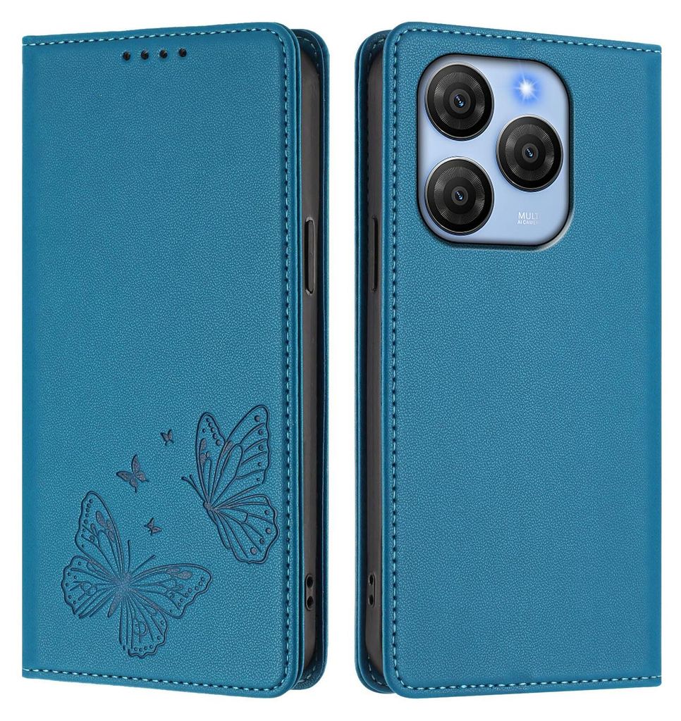 Lederhülle für Blackview Shark 9, Schmetterling Prägung Leder Brieftasche Schutzhülle mit Ständer Blau