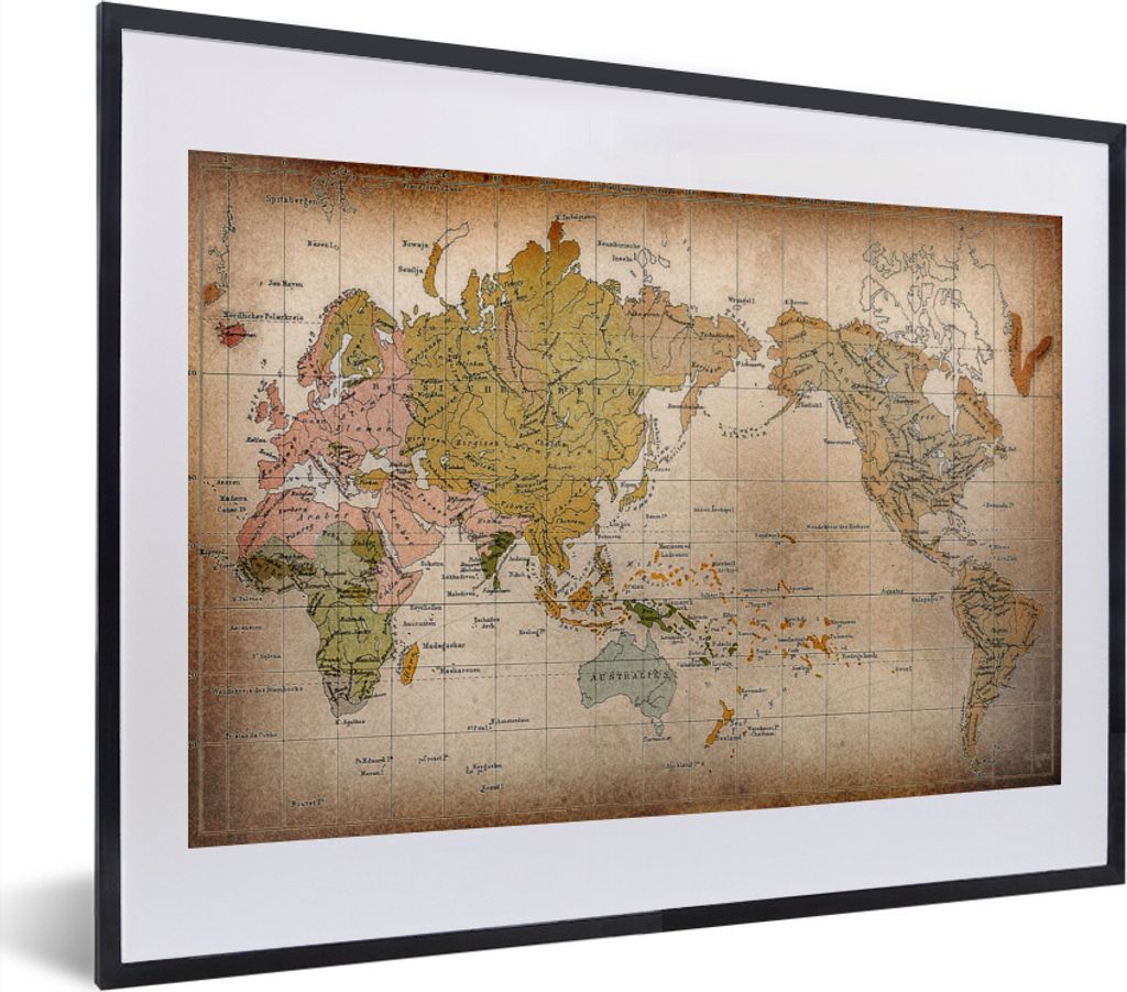 MuchoWow MuchoWow Gerahmtes Poster Klassische Weltkarte der Verteilung der menschlichen Rassen 40x30 cm - Poster mit zchwarzem Bilderrahmen - B...