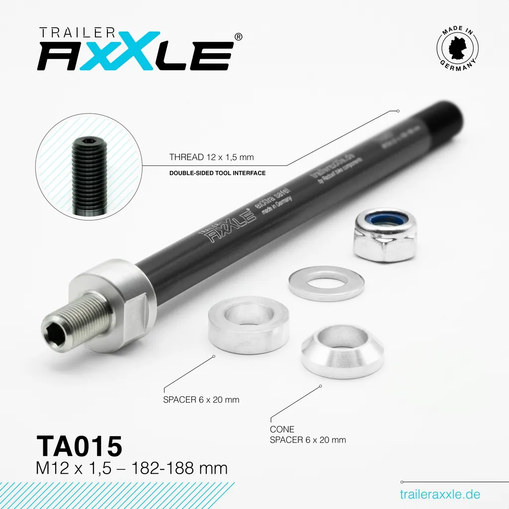 RADOXX TA015 Axe traversant M12x1,5 182-188 mm pour remorque vélo