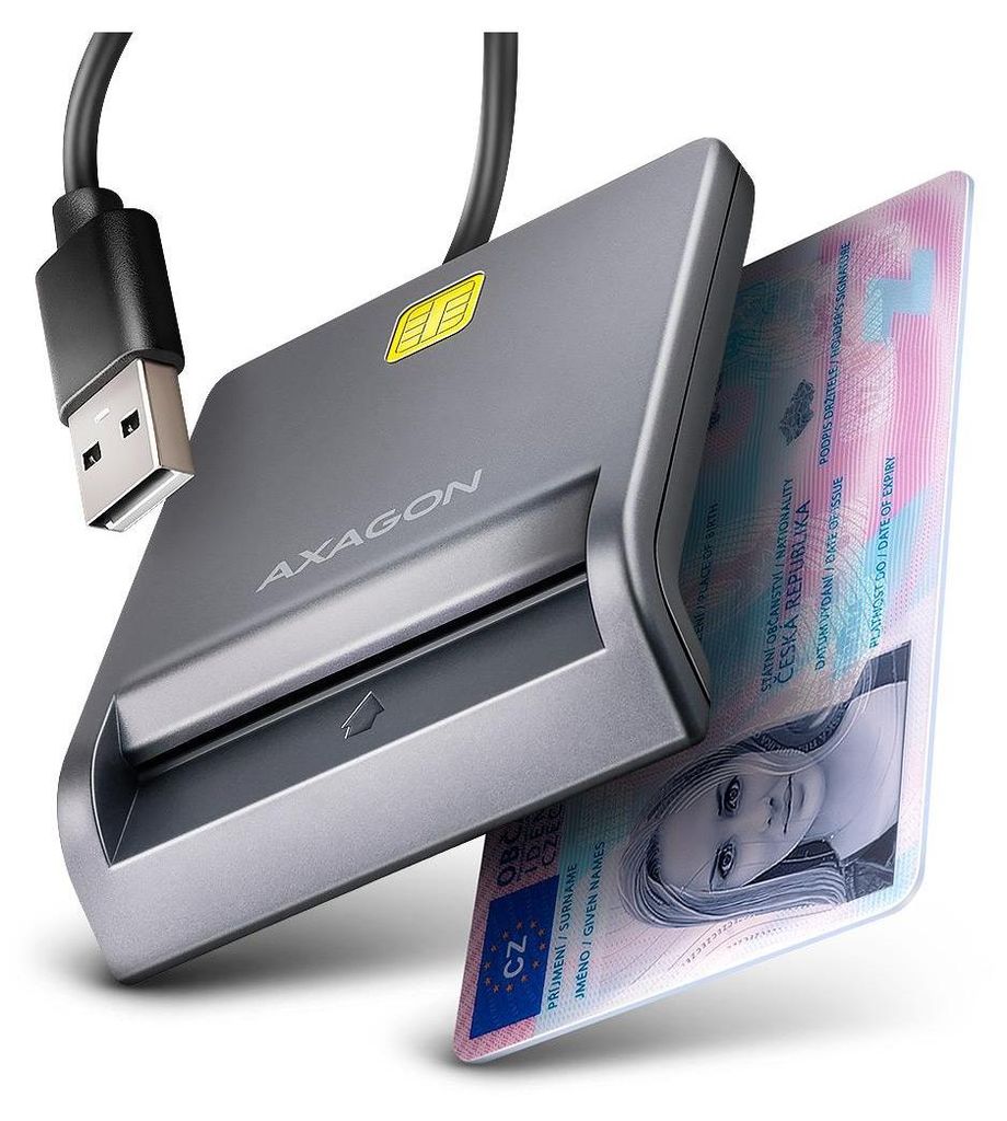 A close-up studio shot of a USB chip card reader with a Czech Republic ID card inserted.