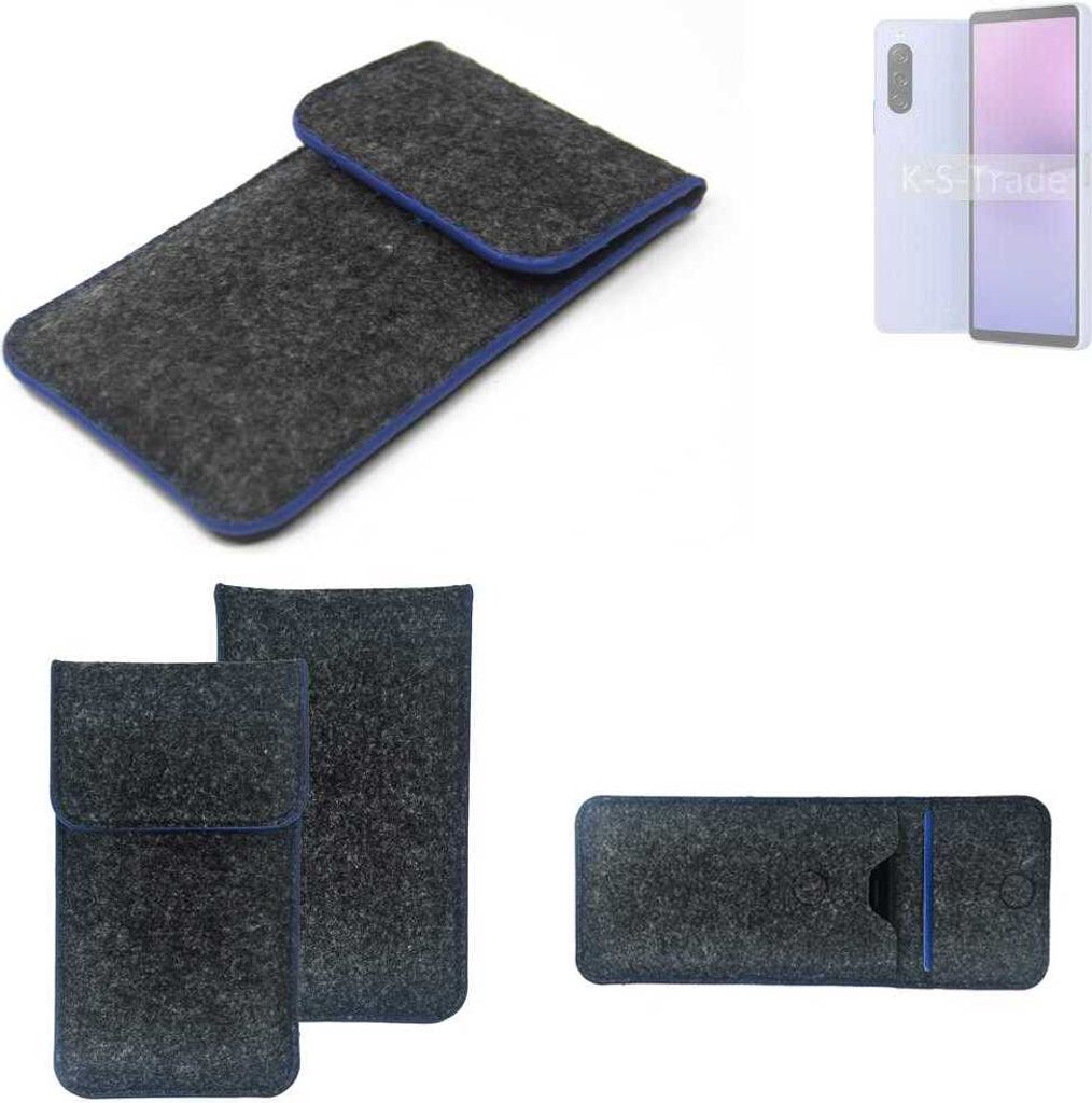 K-S-Trade Handy-Hülle Schutz-Hülle kompatibel mit Sony Xperia 10 V Filztasche Pouch Tasche Case Sleeve Filzhülle dunkelgrau, blauer Rand