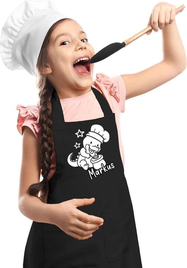 personalisierte Kinderschürze mit Namen kleiner Drache Dino Küchenschürze, Kochschürze/Backschürze Kinder SpecialMe schwarz 3-6 Jahre