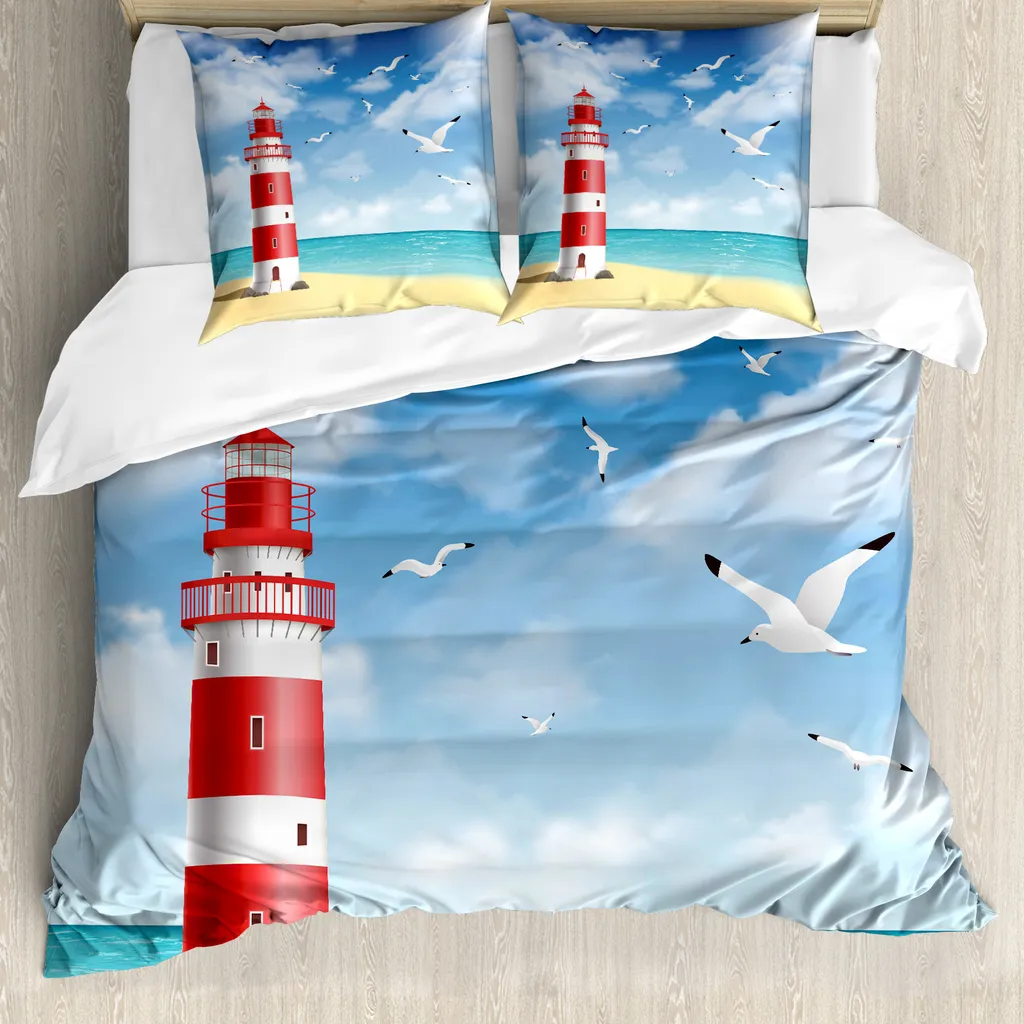 ABAKUHAUS Copripiumino da spiaggia, Faro Gabbiani Oceano, Antiacaro Adatto a chi soffre di allergie con federe, 155 cm x 220 cm - 80 x 80 cm, Blu vermiglio